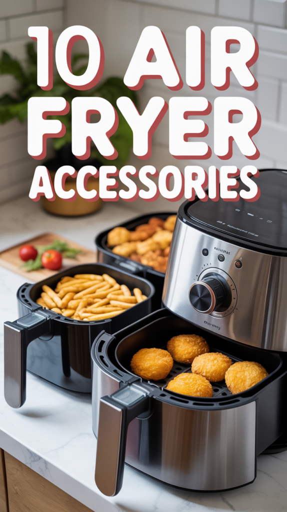 Air fryer with food and accessories