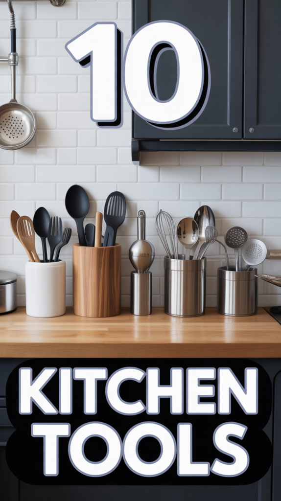 Various kitchen tools on countertop