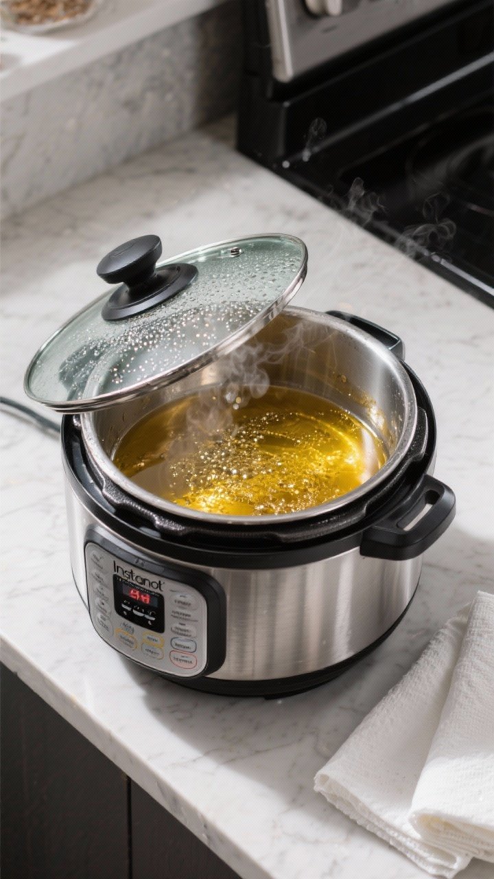 45-degree action shot: Instant Pot inner pot on Sauté with a tempered glass lid slightly ajar, visible steam and beads on the glass; shallow pool of shimmering high-heat oil catching light, paper towels folded nearby; stainless steel and glass textures emphasized, clean countertop, modern kitchen vibe.