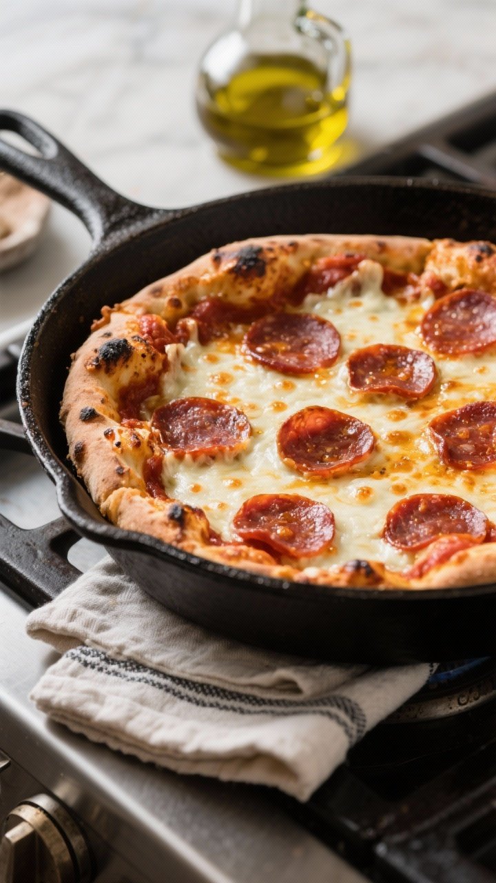 45-degree angle close-up of a cast-iron skillet pizza with crispy, frico-like cheese edges: bubbly low-moisture mozzarella, 8–10 pepperoni slices cupped with charred rims, a slick of pizza sauce peeking through, olive oil sheen on the crust; placed on the stovetop with a folded kitchen towel and a drizzle bottle of olive oil in the background.