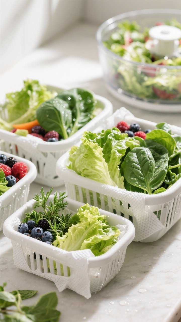 45-degree angle close-up of produce-saving vented containers (3–5 sizes) filled with vibrant greens—butter lettuce, spinach, herbs—and berries; paper towels or produce liners visibly wicking moisture beneath leaves; a salad spinner in the background slightly blurred; bright, natural light with crisp textures to emphasize freshness and dew-kissed appeal.
