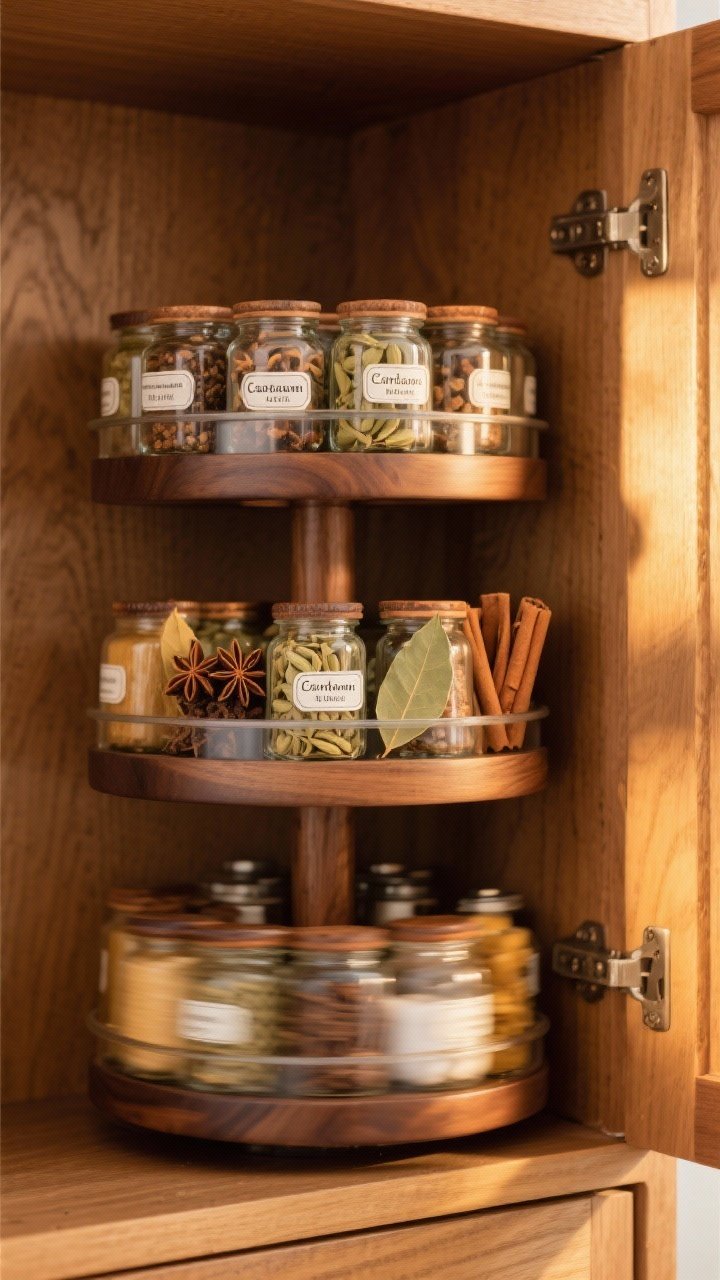 45-degree angle shot of a lazy Susan spice tower solving a corner cabinet: 1–2 tiered rotating trays loaded with neatly labeled jars—cardamom pods, star anise, bay leaves, cinnamon sticks—captured mid-rotation blur for motion; warm wood cabinet interior, golden hour side light, emphasis on easy access in tight spaces.