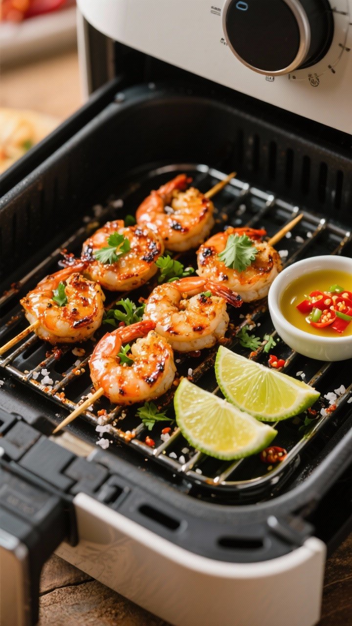 45-degree angle shot of street-style chili-lime shrimp skewers on an air fryer skewer rack; glistening shrimp charred at the edges with a chili-lime rub, sprinkled with chopped cilantro and flaky salt; lime wedges and a small bowl of chili-lime butter glaze on the side; warm, vibrant tones evoking street-food vibes, no people, just the rack sitting in the open air fryer drawer.