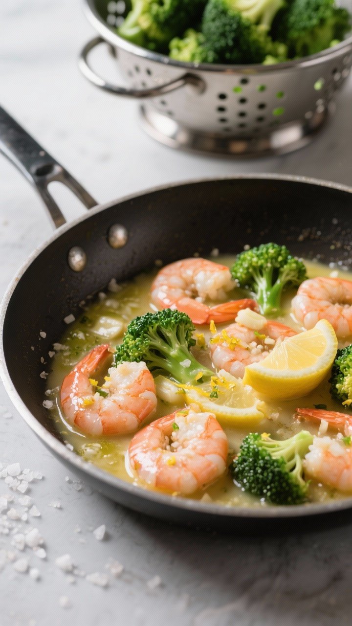 45-degree angle skillet scene of garlic-lemon butter shrimp with broccoli: plump pink shrimp glistening in melted butter with minced garlic, bright green broccoli florets nestled between; visible lemon zest and a squeeze of lemon juice pooling into the sauce, sprinkled kosher salt crystals; a colander with just-drained broccoli in the background.
