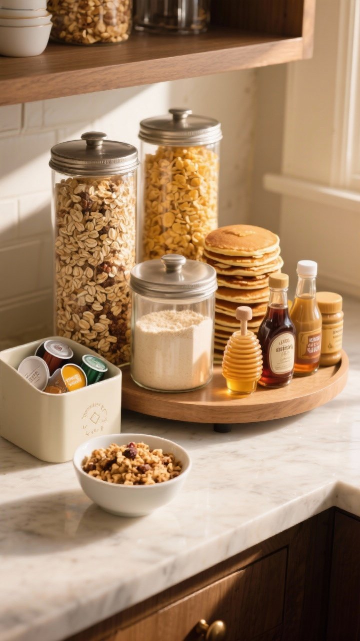 45-degree breakfast bar vignette: two tall canisters filled with rolled oats and golden flake cereal; medium canisters with chunky granola and pancake mix; a tea caddy or small bin organizing tea and coffee pods; honey and maple syrup bottles plus nut butters arranged on a lazy Susan. Warm morning light, a small bowl of granola staged nearby, cozy breakfast ambience.