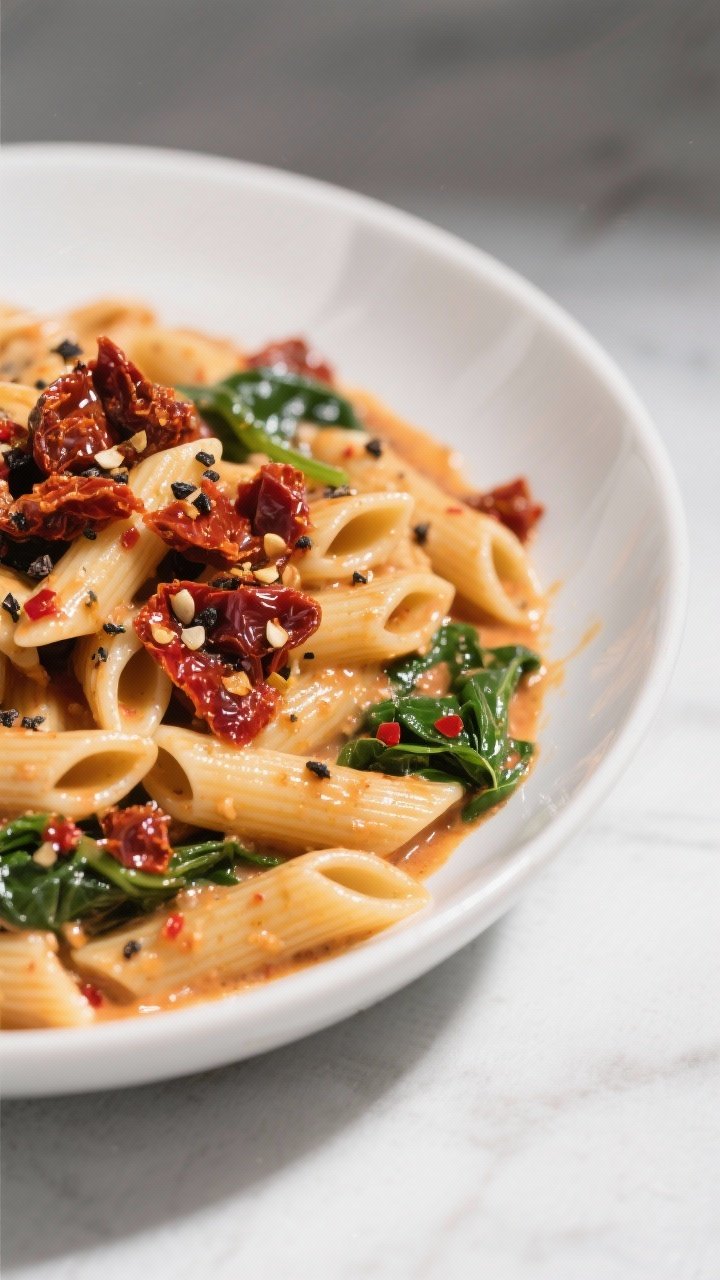 45-degree close-up of creamy sun-dried tomato pasta (penne) swirled in a glossy sauce made from chopped sun-dried tomatoes and their infused oil, garlic, red pepper flakes, wilted spinach, and a splash of starchy pasta water instead of cream; garnished with extra chopped sun-dried tomatoes and cracked black pepper in a wide white bowl.