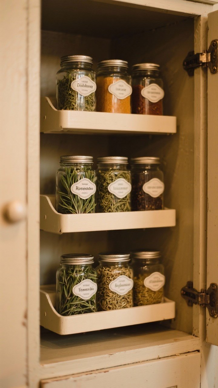 45-degree inside-cabinet shot of a tiered shelf insert making old cabinets new: 1–2 stepped levels bringing back-row spices forward—dill, rosemary, thyme, fennel seed—labels readable; warm interior cabinet tones, gentle vignette, focus on depth and elevation that reveals every jar.
