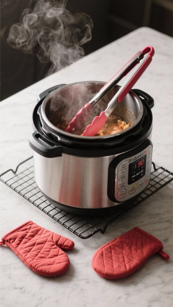 45-degree safety-focused scene: a hot stainless steel insert just lifted from the Instant Pot and set onto a cooling rack, with 12-inch silicone-tipped tongs resting across the rim and a pair of silicone mini mitts staged beside it; subtle steam, matte textures, high-contrast highlights to convey heat and safety.