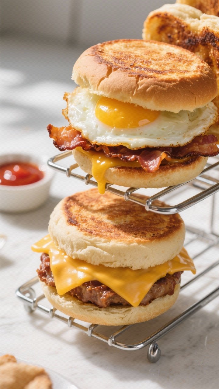 45-degree shot of a crispy breakfast sandwich “hack” using a toast rack/multilevel rack; layered English muffin halves toasted to deep golden, folded egg, sharp cheddar melted and oozing, and crispy bacon; components shown assembled on one level and toasting on another, with a small dish of hot sauce; bright morning light for a brunch vibe.