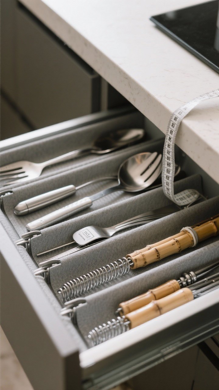 A 45-degree angle shot inside a kitchen drawer showing adjustable spring-loaded drawer dividers creating tidy lanes; non-slip drawer liners in a subtle gray, utensils and small tools sorted by type with a few minimalist labels; measuring tape draped at the edge; soft, diffused light highlighting textures of brushed steel and bamboo dividers; organized, calm composition.