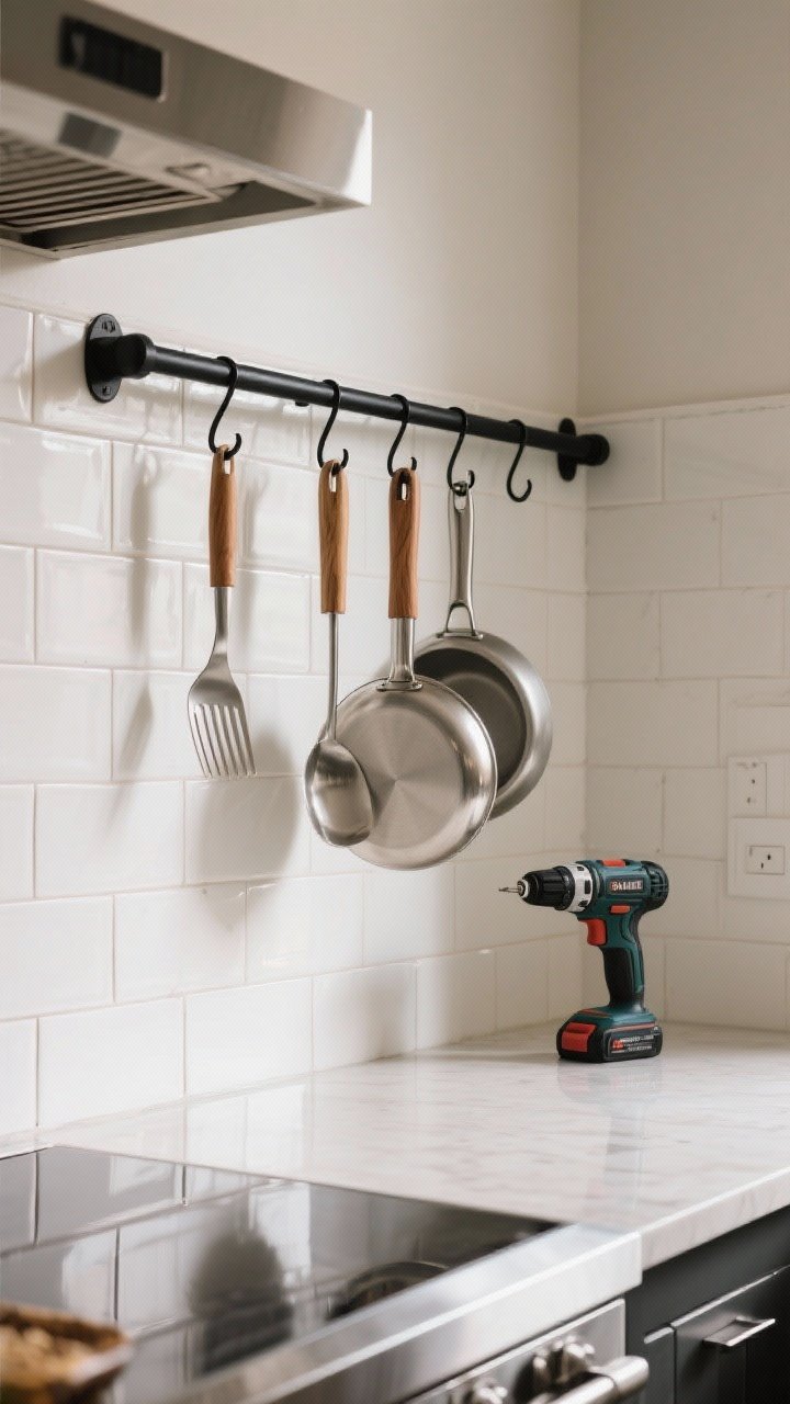 A 45-degree side shot of a wall-mounted rail with S-hooks, installed level on a tiled backsplash; everyday utensils and a lightweight pan hanging with balanced spacing; stud finder and drill resting on the counter below; polished stainless reflections, matte black rail, warm wood handles; bright, inviting kitchen light for clarity and order.