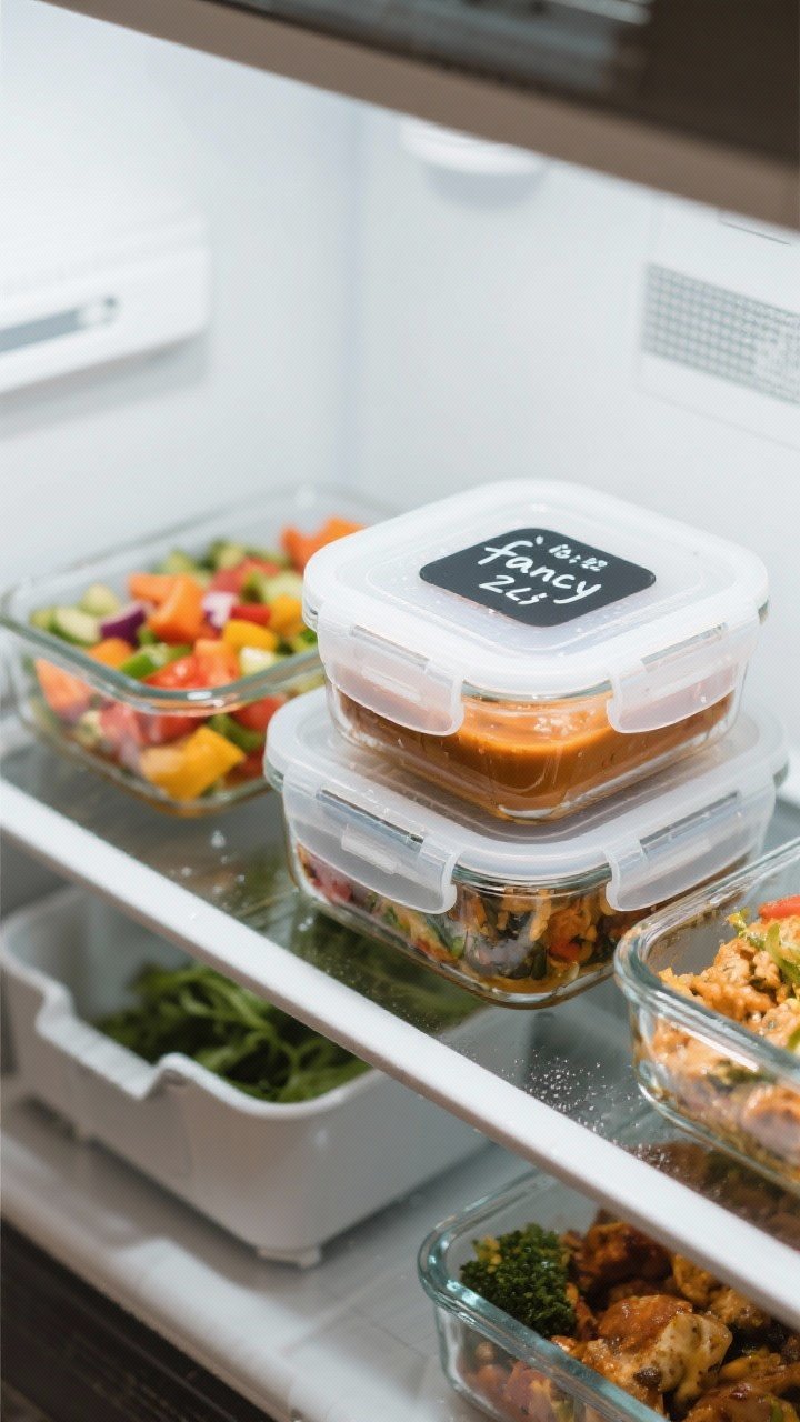 A close-up, 45-degree shot of airtight glass containers with locking lids filled with leftovers: colorful cooked meals, vibrant chopped produce, and silky sauces; a dry-erase date note on one lid; optional fridge bin and a subtle shelf riser visible; cool, clean refrigerator light emphasizing condensation and freshness; appetizing textures with a premium, “fancy” feel.