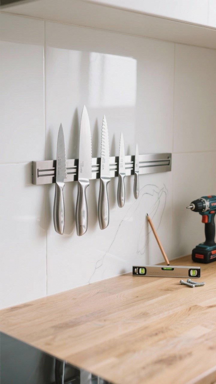 An overhead shot of a sleek stainless-steel magnetic knife strip freshly mounted on a matte white backsplash, with a neatly curated knife collection (chef’s knife, serrated, paring) aligned in size order; pencil marks lightly visible beside a small level and drill, included screws and anchors on the counter; clean wood countertop, soft morning light, minimalist Zen mood, crisp reflections on metal blades, no people.