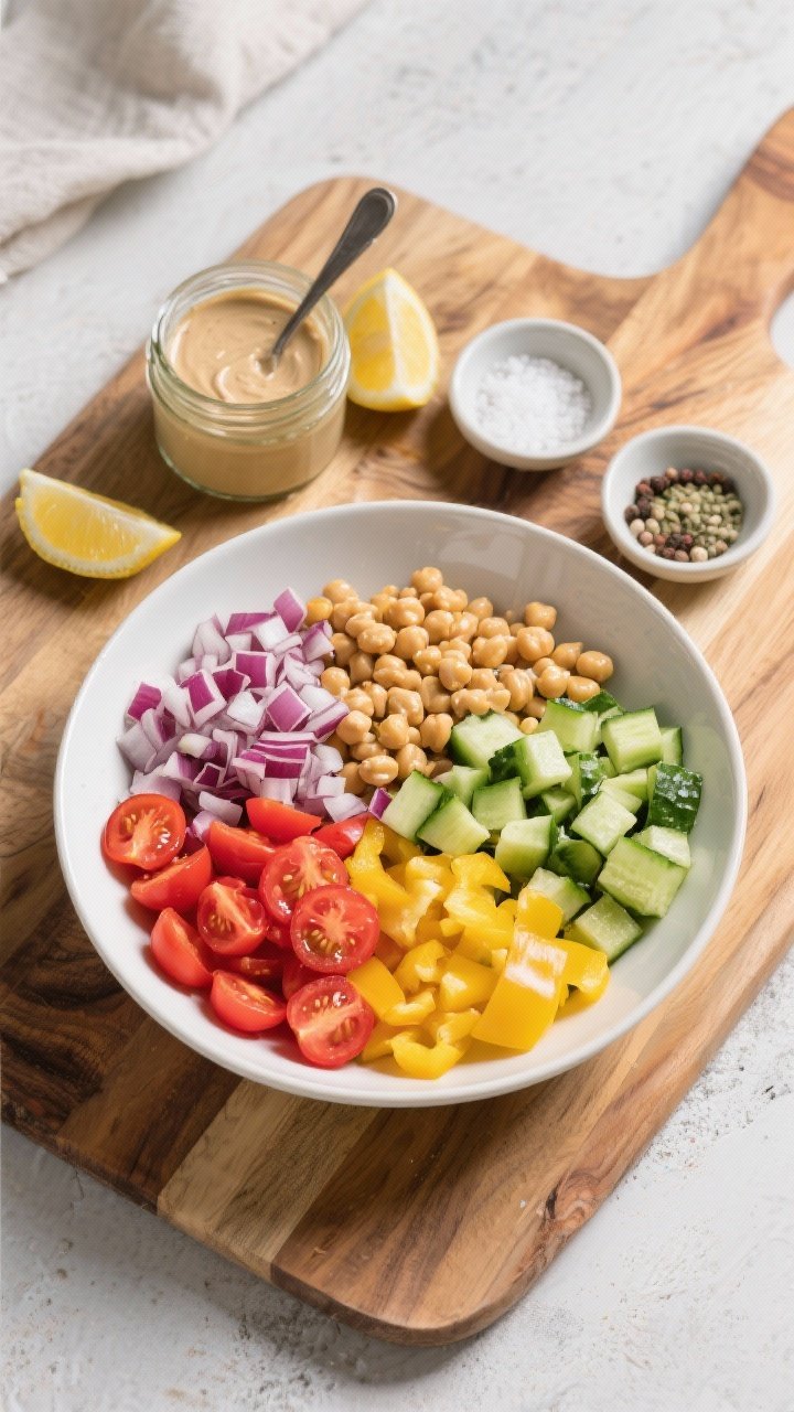 Bright overhead flat lay of a rainbow chopped salad in a wide white bowl: neatly diced cucumber, red and yellow bell peppers, halved cherry tomatoes, finely diced red onion, and cooked chickpeas arranged in vibrant sections; a small glass jar of creamy tahini dressing with a spoon, lemon wedge, and pinch bowls of salt and pepper nearby, styled on a maple cutting board to emphasize the prep element.