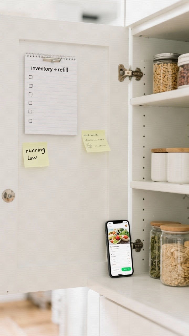Clean, straight-on shot of an “inventory + refill” station: a whiteboard or notepad mounted on the pantry door with a running checklist; sticky flags marking “running low” on a few canisters; a smartphone placed nearby showing quick shelf snaps; a grocery list app open on screen. Minimalist composition, bright and functional atmosphere, emphasizing routine and clarity.