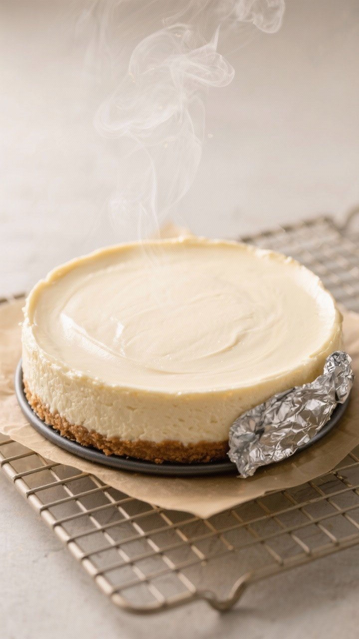 Close-up dessert glamour: a perfectly released Instant Pot cheesecake on a parchment-lined 7-inch springform base set on a cooling rack; silky surface with faint sheen, tidy foil sling tucked to the side, subtle wisp of steam; soft neutral backdrop, creamy tones, professional studio lighting for luscious texture.
