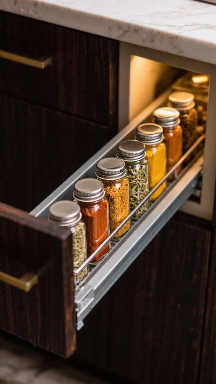 Close-up detail of a slim pull-out cabinet that feels custom without a remodel: 1 narrow slide-out loaded with uniform spice jars in chrome rails—curry powder, smoked paprika, za’atar, turmeric—glowing in soft under-cabinet light; shallow depth of field highlighting textures of ground and whole spices, dark wood cabinetry adds contrast.