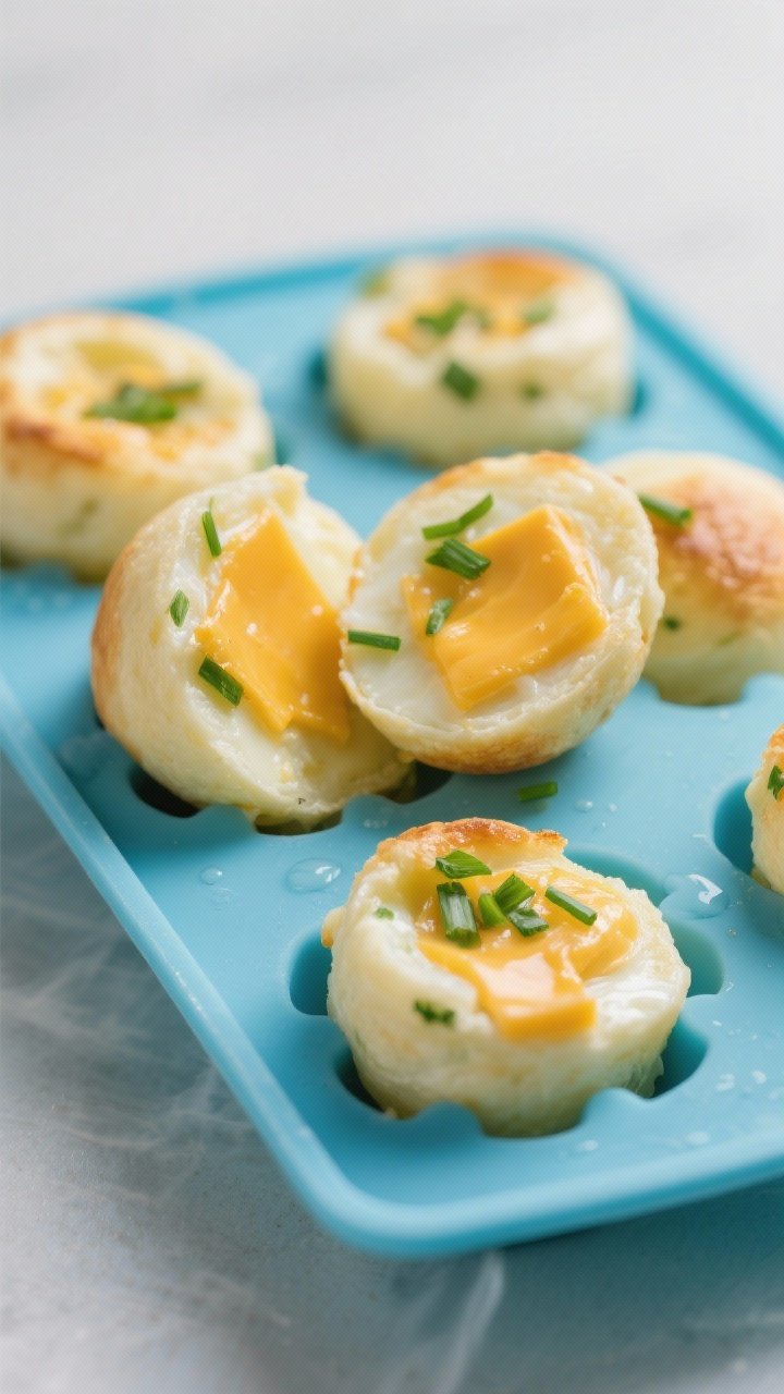 Close-up macro of cheddar-chive egg bites made in a silicone egg bites mold; pillowy, custardy texture with melted cheddar pockets and vibrant green chives visible inside; a few bites cut open to show the interior; the blue silicone mold in frame with a light sheen of steam, minimalist background to emphasize texture.