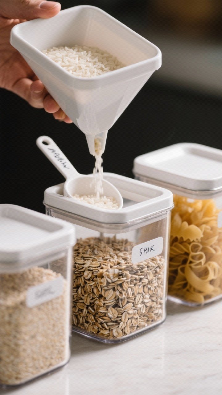 Close-up process shot of decanting: square, space-maximizing airtight canisters in 3–4 sizes being filled via a funnel with rice, oats, and pasta; a dedicated measuring scoop resting inside one container; removable labels marked with a fine-tip marker. Emphasize the clean lines of rectangular containers, the granular texture of dry goods, and the satisfying clarity of the setup, shallow depth of field.