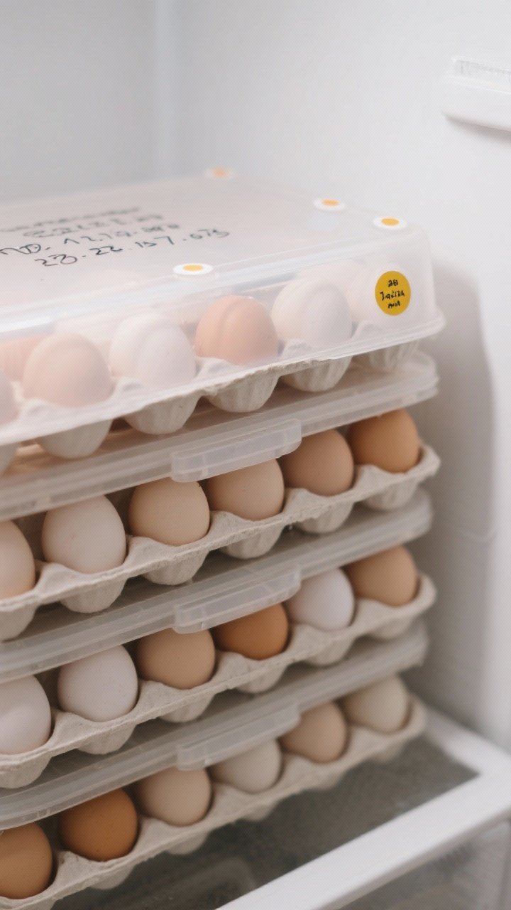 Close-up shot of lidded egg trays stacked like a dream, each holding 14–18 eggs with a smooth matte shell finish; dry-erase marker notes written on the top lid indicating dates; optional date dot stickers on the corners; crisp, clean white fridge background with gentle side lighting emphasizing texture and uniformity.