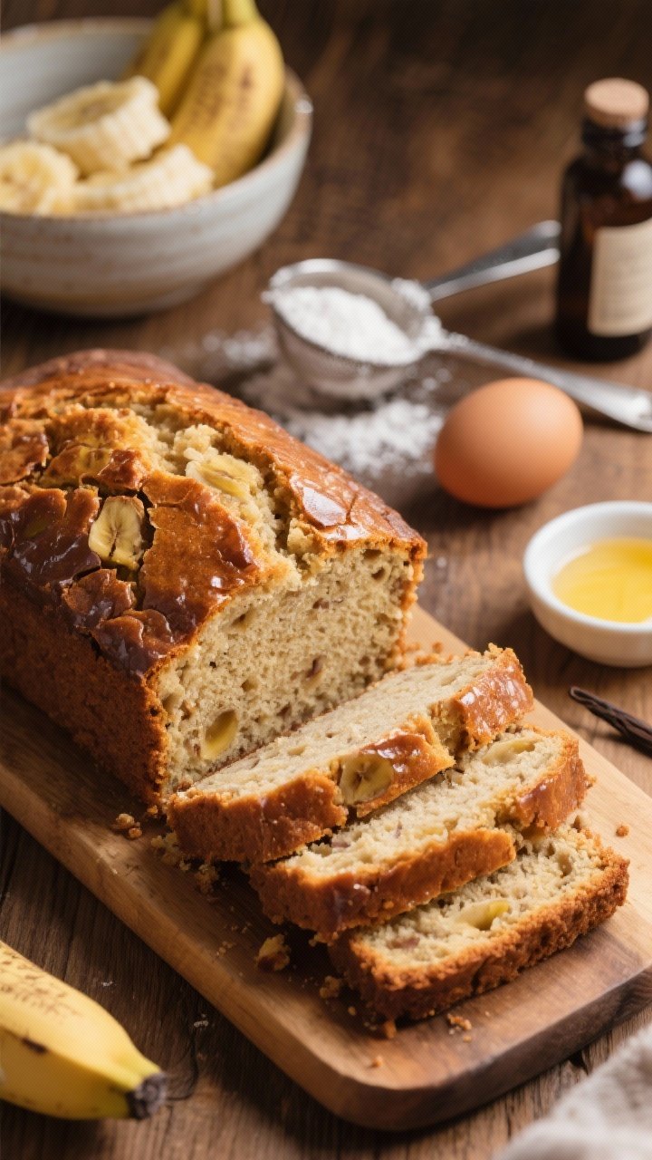 Cozy 45-degree angle shot of one-bowl banana bread just sliced: moist crumb with specks of ripe banana, a glossy crackled top; ingredients nearby in soft focus—mashed bananas in a bowl, measuring cups and spoons dusted with flour and sugar, melted butter in a small dish, vanilla bottle and a single egg—on a warm wooden surface.