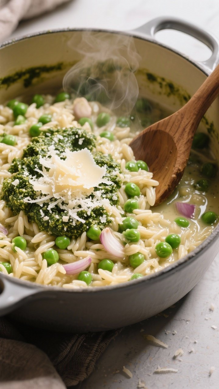 Cozy one-pot scene at a 45-degree angle: creamy pesto orzo simmered with minced shallot and garlic in broth until silky, studded with sweet green peas and finished with a generous swirl of basil pesto and a snowfall of grated Parmesan; served straight from the pot with a wooden spoon, steam visible.