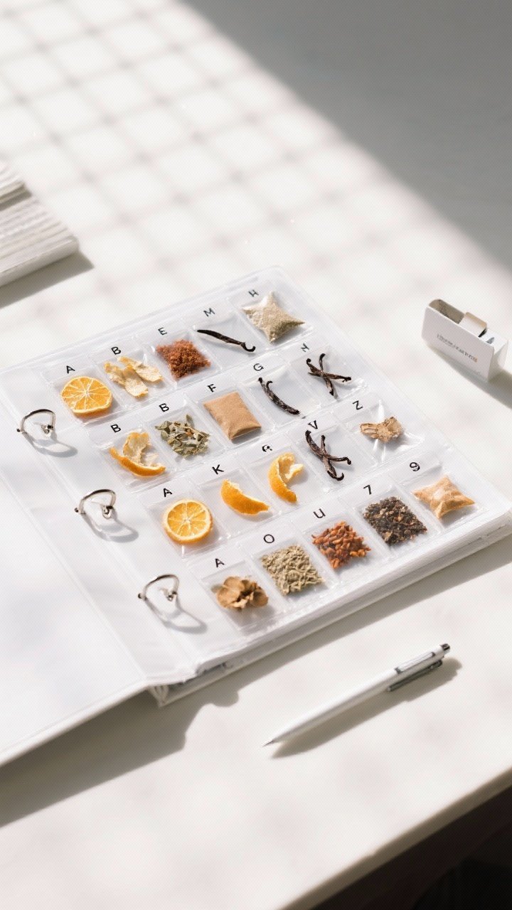 Overhead binder system alphabetized for packets, peels, and oddballs: 1 white binder open to clear sleeves with labeled rows—A to Z—holding flat spice packets, citrus peels, vanilla pods, and odd blends; nearby a small index tab set and fine-tip pen; bright, editorial lighting, clean grid composition emphasizing order and accessibility.