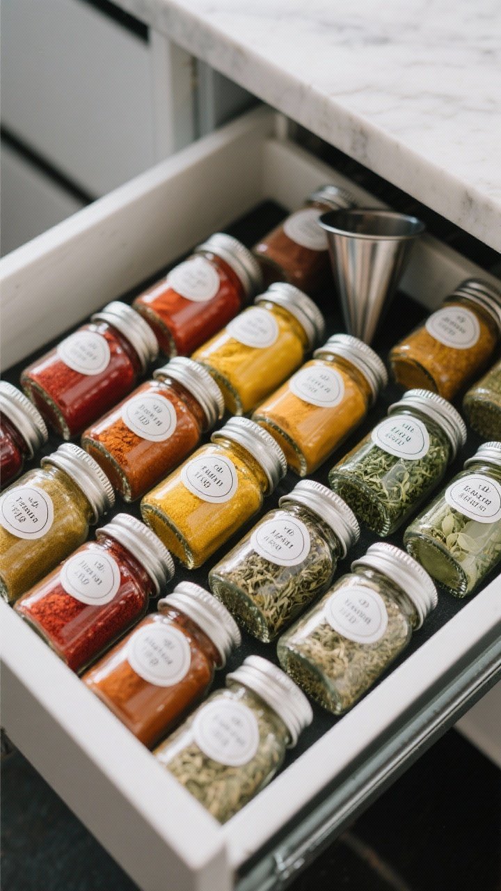 Overhead drawer shot of uniform spices: 20–40 identical spice jars neatly aligned in a drawer insert or on a magnetic board; pre-printed or custom labels on tops and sides clearly legible; a small funnel resting nearby. Show a spectrum of spice colors (paprika red, turmeric yellow, oregano green), crisp focus with slight falloff for depth, modern minimal styling.