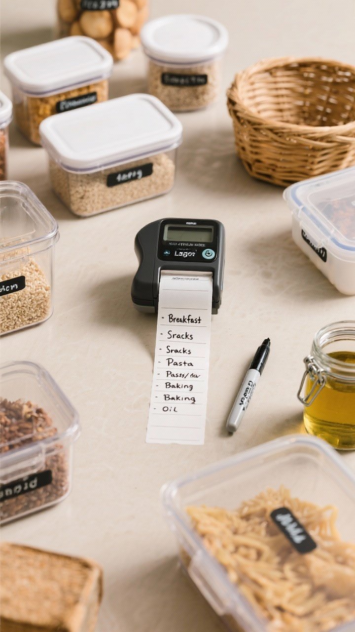 Overhead flat lay of a labeling session: a label maker and removable label tape centered, surrounded by clear bins, jars, baskets, and containers; fine-tip permanent marker and a neatly written category list (Breakfast, Snacks, Pasta/Grains, Baking, Oils); a few containers already labeled; neutral backdrop, soft top light, crisp typography focus.