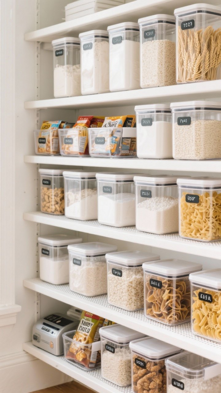 Overhead flat lay of a neatly organized pantry shelf using 6–12 clear bins and 8–15 airtight clear canisters: shoebox-size bins holding snacks in original packaging, larger bins for bulk items; canisters filled with flour, sugar, rice, and pasta in varying textures and shades of white, beige, and golden wheat. Include a label maker and waterproof labels with crisp black text, non-slip shelf liners visible under everything, bright natural light, clean minimalist styling, no people.