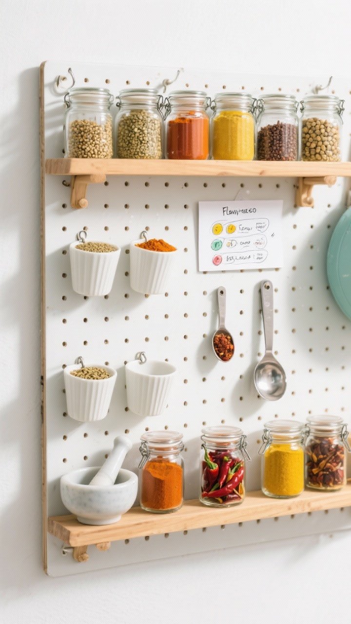 Overhead flat-lay of a pegboard spice wall for the creative cook: 1 pegboard panel with shelves, hooks, and cups holding spice jars, small mortars, and measuring spoons; colorful spices visible through clear jars (fenugreek, mustard seeds, dried chiles), a small sketch card labeling flavor families; bright studio light, playful yet organized composition.