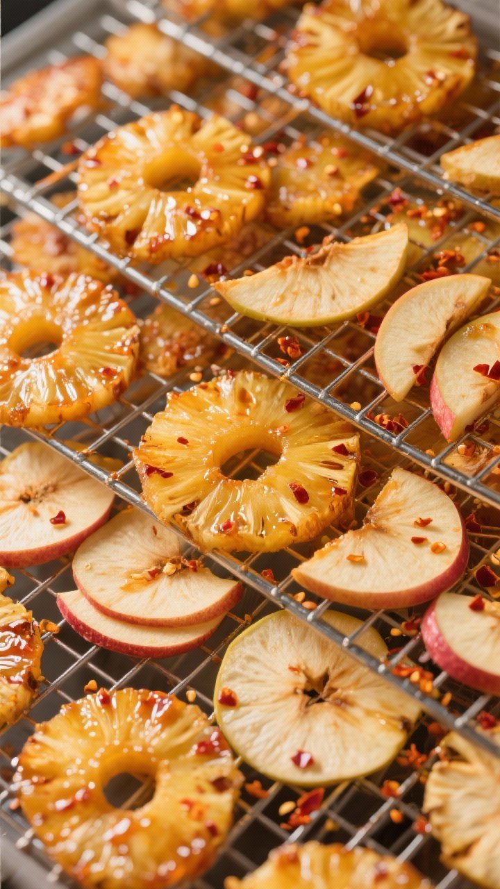 Overhead flat lay of dehydrator racks layered with sweet-chili pineapple rings and thin apple slices; fruit glistening with a translucent sweet-chili glaze, lightly dusted with chili flakes; stages shown with some pieces more dried and crisp than others; neat grid pattern of racks, warm backlight emphasizing the candied sheen.