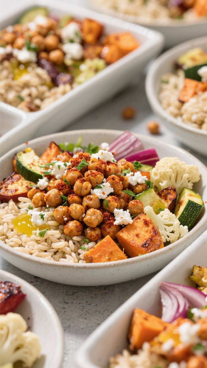 Overhead grain bowl lineup: crispy roasted chickpeas dusted with smoked paprika, cumin, and salt, piled over warm grains with roasted mixed vegetables (sweet potato cubes, zucchini, red onion wedges, cauliflower florets), drizzled with olive oil and topped with crumbled herby feta; bright, colorful, and neatly compartmentalized.
