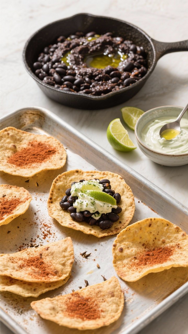 Overhead ingredient-to-assembly shot: crunchy tostada shells spread on a baking tray, a skillet of cumin- and chili powder–seasoned black beans mashed and glossy with olive oil, a bowl of lime crema off to the side, lime wedges and a small spoon ready for drizzling; bright, casual, 15-minute Tex-Mex energy.