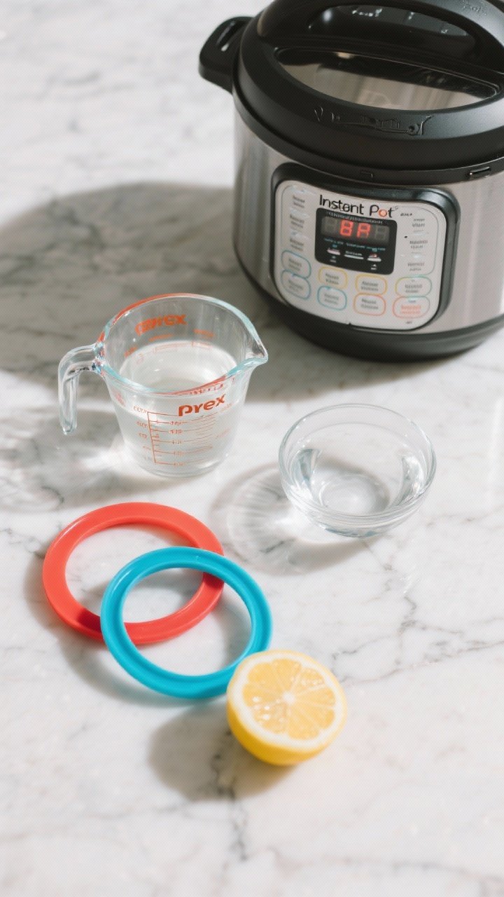 Overhead ingredients shot: a clean Instant Pot lid on a marble surface with 2–3 colorful food-grade silicone sealing rings (red, blue, clear) fanned out, a glass measuring cup holding 1 cup white vinegar, a small bowl of 2 cups water, and a sliced lemon arranged neatly; bright, deodorizing mood, crisp reflections, no people, pro lighting.
