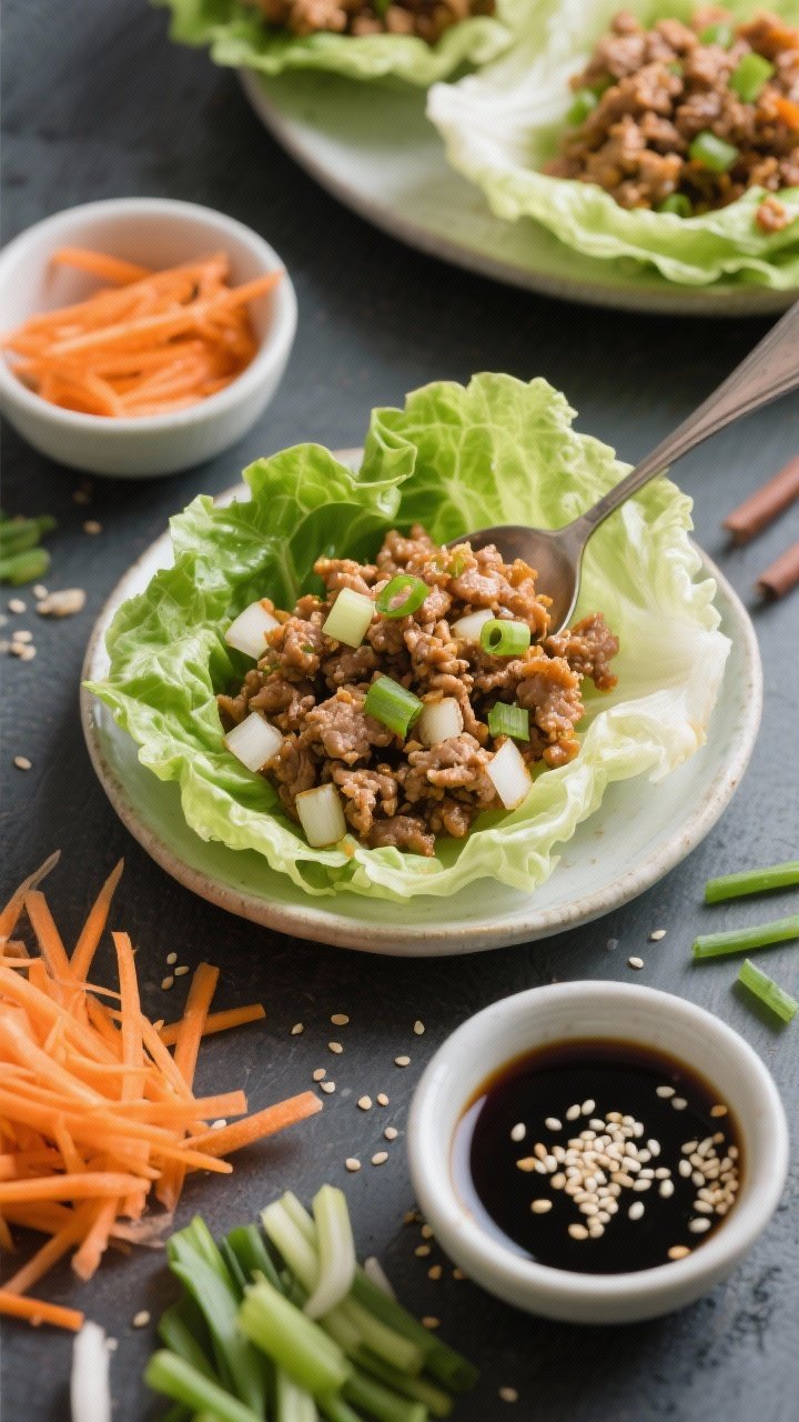 Overhead lettuce wrap assembly: ground turkey stir-fried with sesame oil, ginger, garlic, and finely diced onion, spooned into crisp lettuce cups; small bowls of soy-ginger sauce, sliced scallions, shredded carrots, and a sprinkle of sesame seeds arranged around for a quick weeknight Asian-style spread.