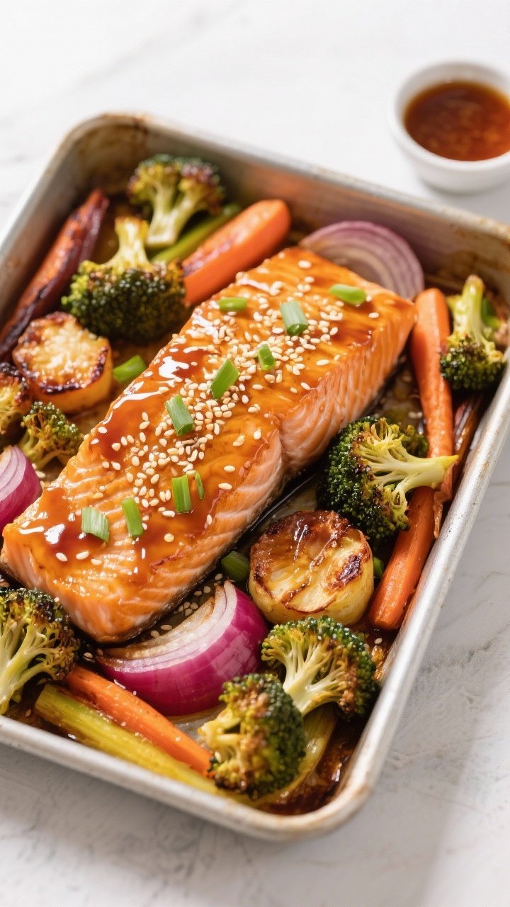 Overhead one-pan composition of honey-garlic salmon with roasted veg in a baking pan insert; lacquered salmon fillets with sesame seeds and scallions, surrounded by caramelized broccoli florets, rainbow carrots, and red onion wedges; honey-garlic glaze brushed on, a small dish of extra sauce nearby; bright, clean styling to emphasize the glossy glaze and roasted edges.
