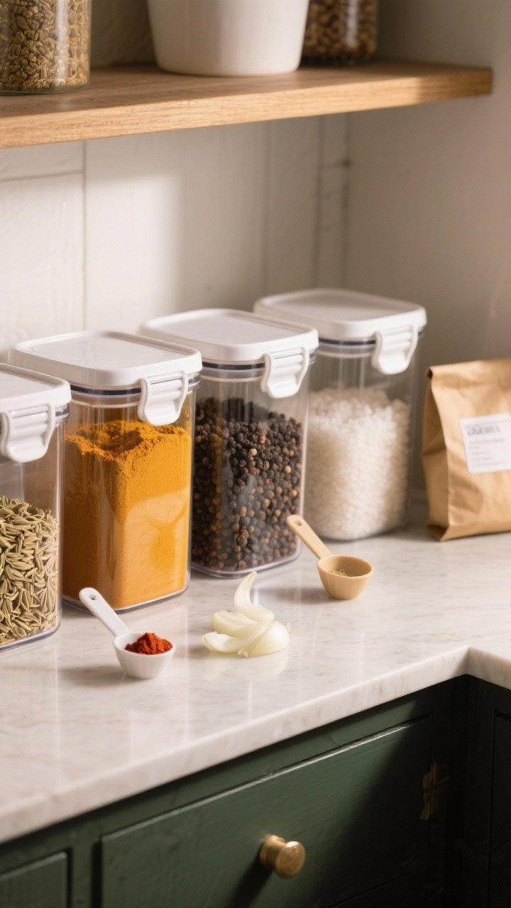 Overhead pantry scene of airtight bins for bulk spices and refills: 3–6 clear, latch-top containers filled with bulk cumin, chili powder, turmeric, black peppercorns, and granulated onion; included scoops, a small funnel, and kraft refill bags nearby; clean countertop, soft natural light, emphasis on freshness and texture, minimal shadows.