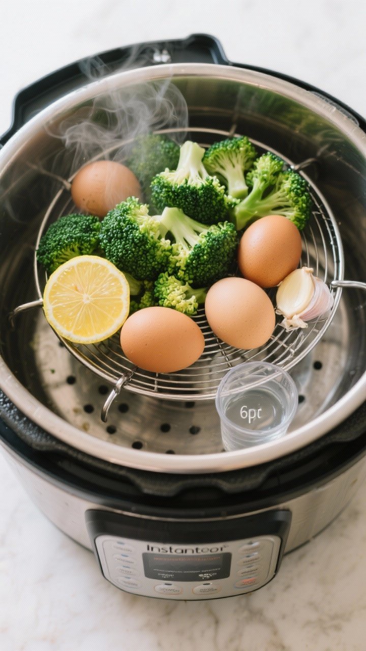 Overhead process shot: trivet in the Instant Pot with 1 cup water (6 qt) visible at the bottom, a stainless-steel steamer basket loaded with vibrant broccoli florets and a few brown eggs, accented with lemon slices and a smashed garlic clove; minimalistic styling, bright greens and warm neutrals, crisp steam rising.