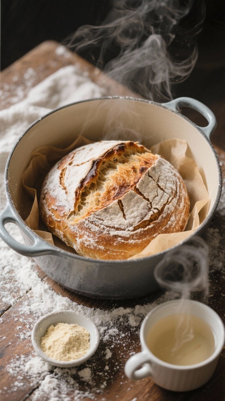 Overhead rustic shot of a round no-knead artisan bread from a Dutch oven: deeply blistered, flour-dusted crust with ear and bold scoring, sitting on parchment in an enamel Dutch oven; a light snowfall of flour or cornmeal on the table, a small bowl of instant yeast and a cup of warm water nearby, steam lightly wafting to convey fresh bake.