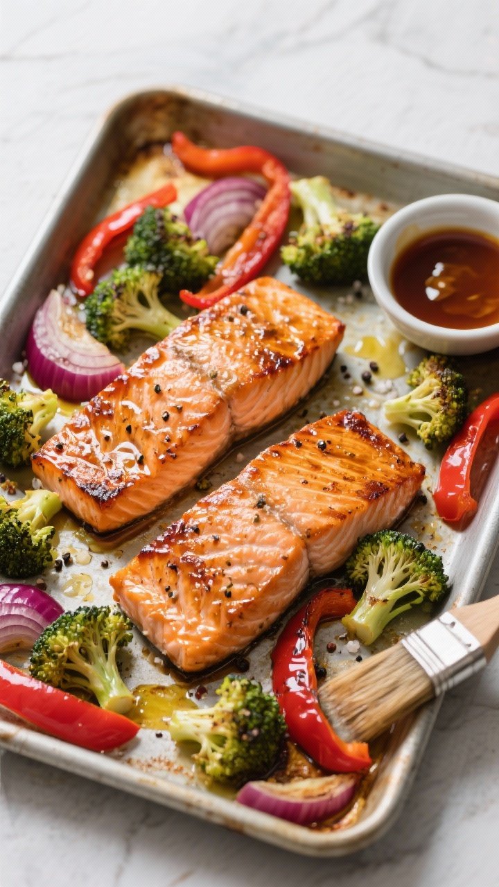 Overhead sheet-pan dinner of maple-soy roasted salmon and veggies: two 6-oz salmon fillets lacquered and caramelized at the edges, surrounded by char-kissed broccoli florets, red onion wedges, and red bell pepper strips; a glisten of olive oil, cracked black pepper, and coarse salt, with a small bowl of maple-soy glaze and a brush off to the side.