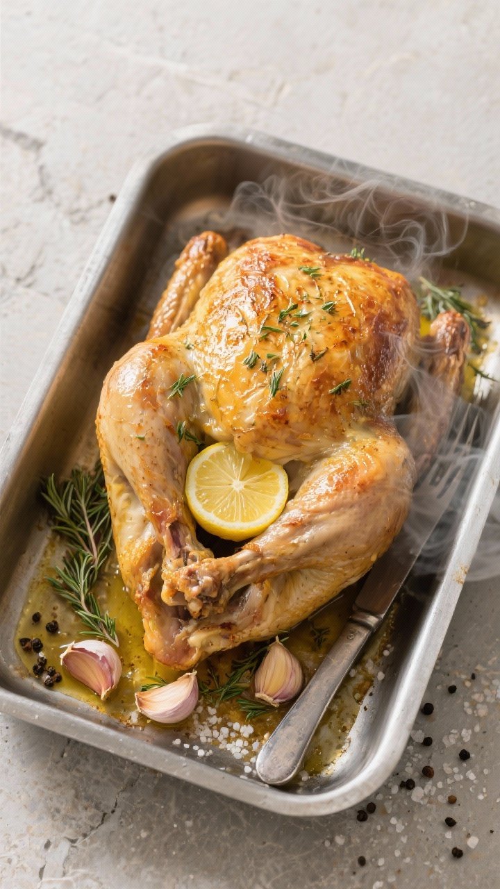 Overhead shot of a lemon-herb roast chicken just out of the oven in a stainless roasting pan: golden, crackly skin glistening with olive oil, halved lemon in the cavity, smashed garlic cloves and chopped fresh thyme scattered around, coarse kosher salt and black pepper visible on the surface; carving knife and fork resting beside, light steam rising, on a neutral stone countertop with minimal props.