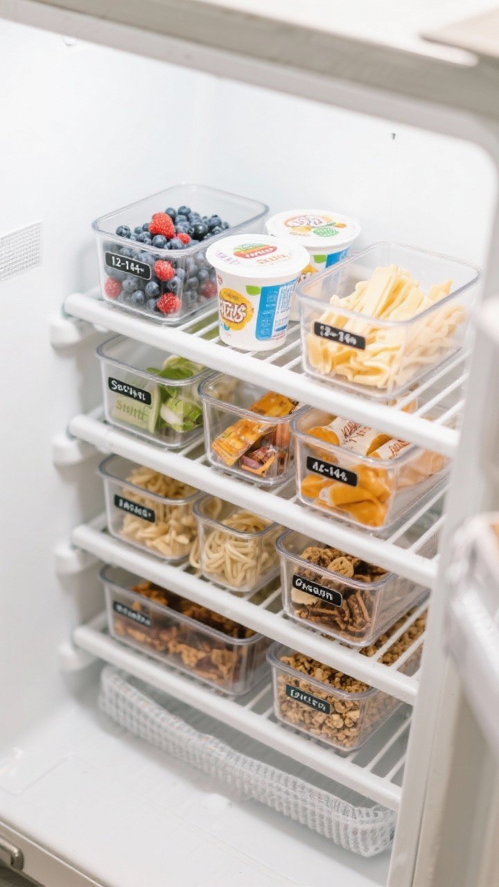 Overhead shot of a neatly organized refrigerator shelf featuring 4–6 clear stackable fridge bins (12–14 inches long, low height) aligned in rows, each bin labeled with a label maker tag for snacks like berries, yogurt cups, string cheese, and granola bars; optional non-slip bin liners visible under contents; bright, clean lighting on a white interior for crisp clarity and appetizing color pops.