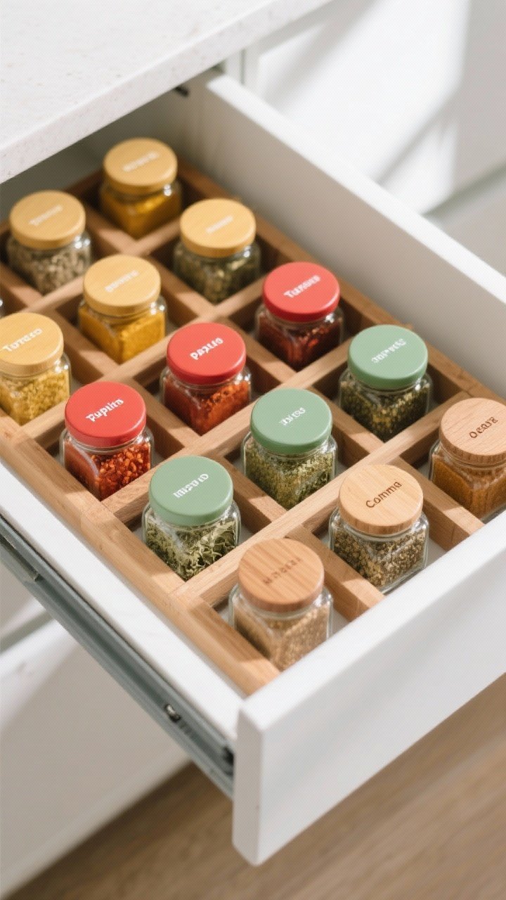 Overhead shot of a shallow kitchen drawer (at least 3 inches deep) organized with an expandable wooden spice grid: uniform glass spice jars labeled on their lids, arranged by color tones of turmeric gold, paprika red, oregano green, and cumin tan; clean white drawer interior, soft natural window light, crisp shadows, minimalist modern kitchen setting, focus on the tidy grid pattern that makes weeknights faster; no people.