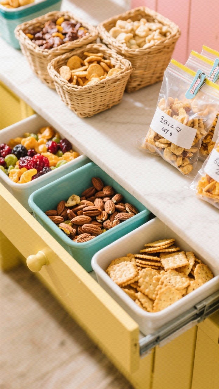 Overhead shot of a snack station: 2–3 medium bins or pull-out drawers holding portioned snacks in small baskets and deli-style containers; chip clips sealing open bags; zip bags with masking tape labels and hand-written dates. Include colorful snack textures (nuts, crackers, dried fruit) in tidy portions, bright inviting light, playful yet organized mood.