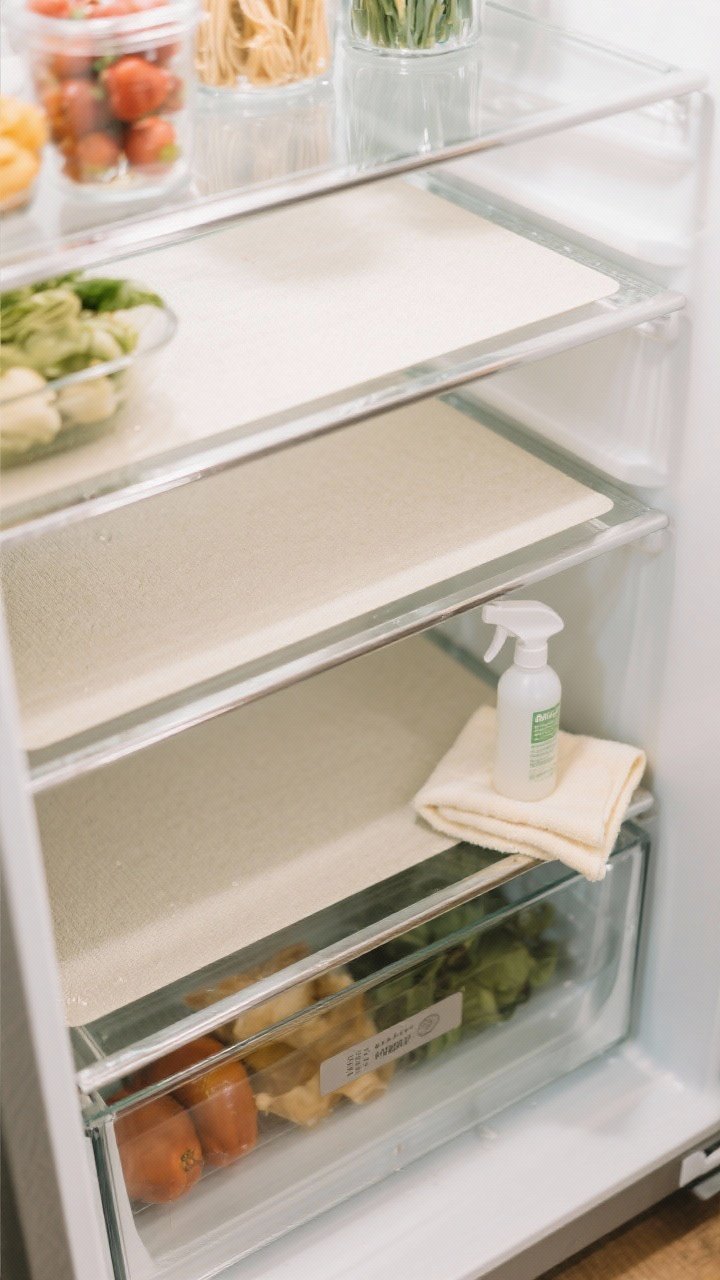 Overhead shot of fridge interior shelves lined with cut-to-size slim mat liners (BPA-free, non-adhesive) in soft neutral tones; spill-proof glass shelves beneath for a seamless look; a mild spray cleaner bottle and microfiber cloth placed nearby; pristine, gleaming cleanliness with reflections and tidy geometry emphasizing easy cleanup.