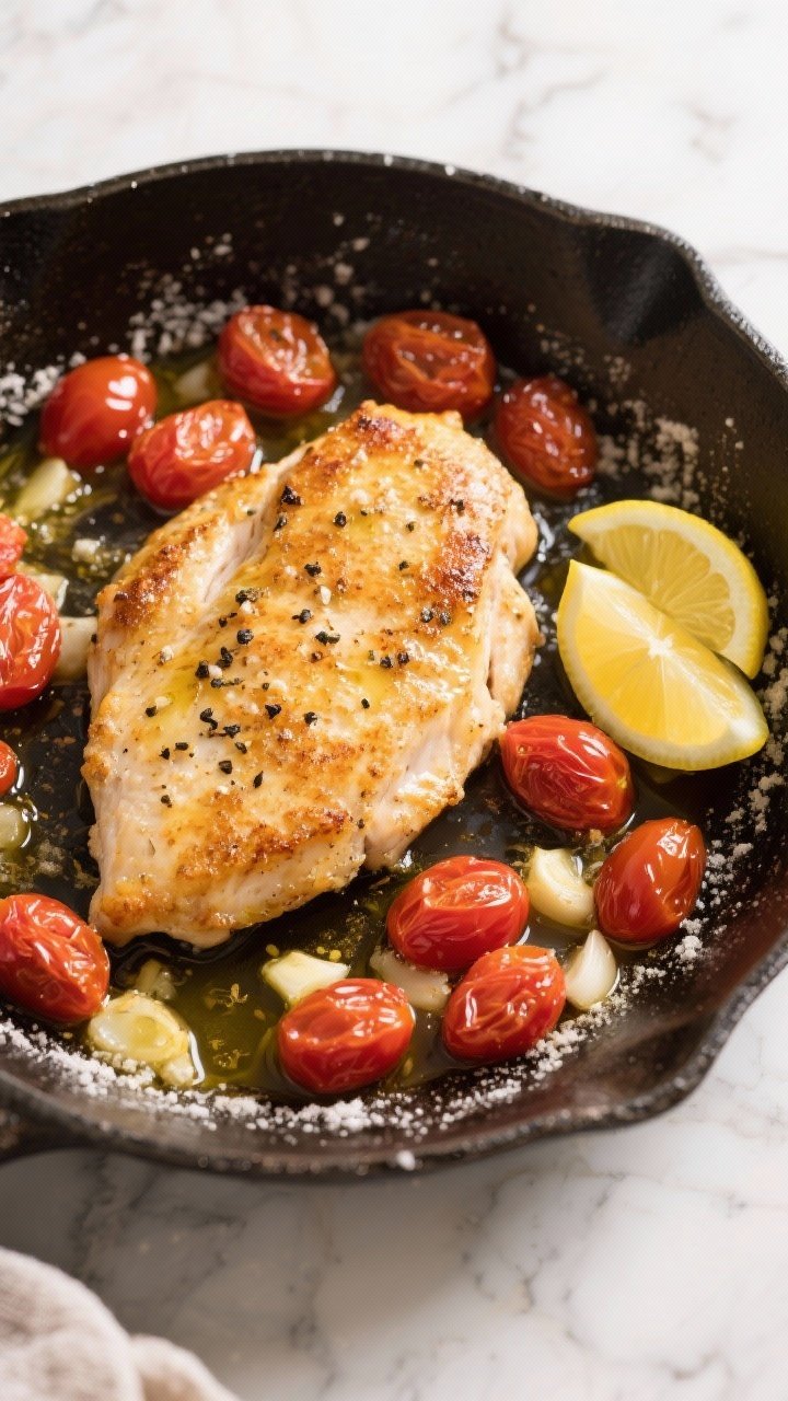 Overhead shot of lemon-garlic chicken cutlets seared golden in a skillet, surrounded by burst cherry tomatoes glistening in olive oil and butter, with visible minced garlic, a light dusting of flour crust, kosher salt and black pepper flecks; a squeeze of lemon wedges on the side, set on a light marble surface for a bright 20-minute Italian-inspired vibe.