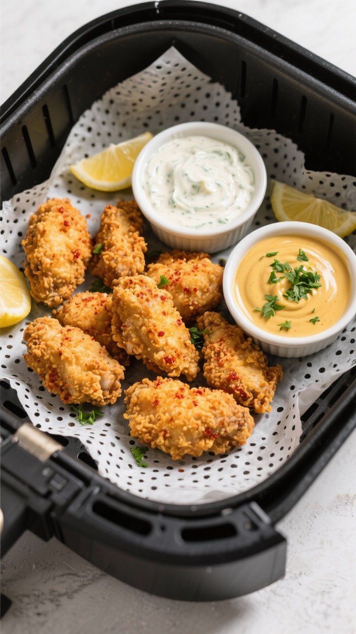 Overhead shot of “no-scrub” crispy chicken bites just out of the air fryer lined with perforated parchment liners; golden, craggy chicken pieces with paprika-speckled crust, a ramekin of creamy ranch and another of honey-mustard, scattered chopped parsley and lemon wedges, visible perforations in the parchment showing through, styled on a matte black air fryer basket for contrast.