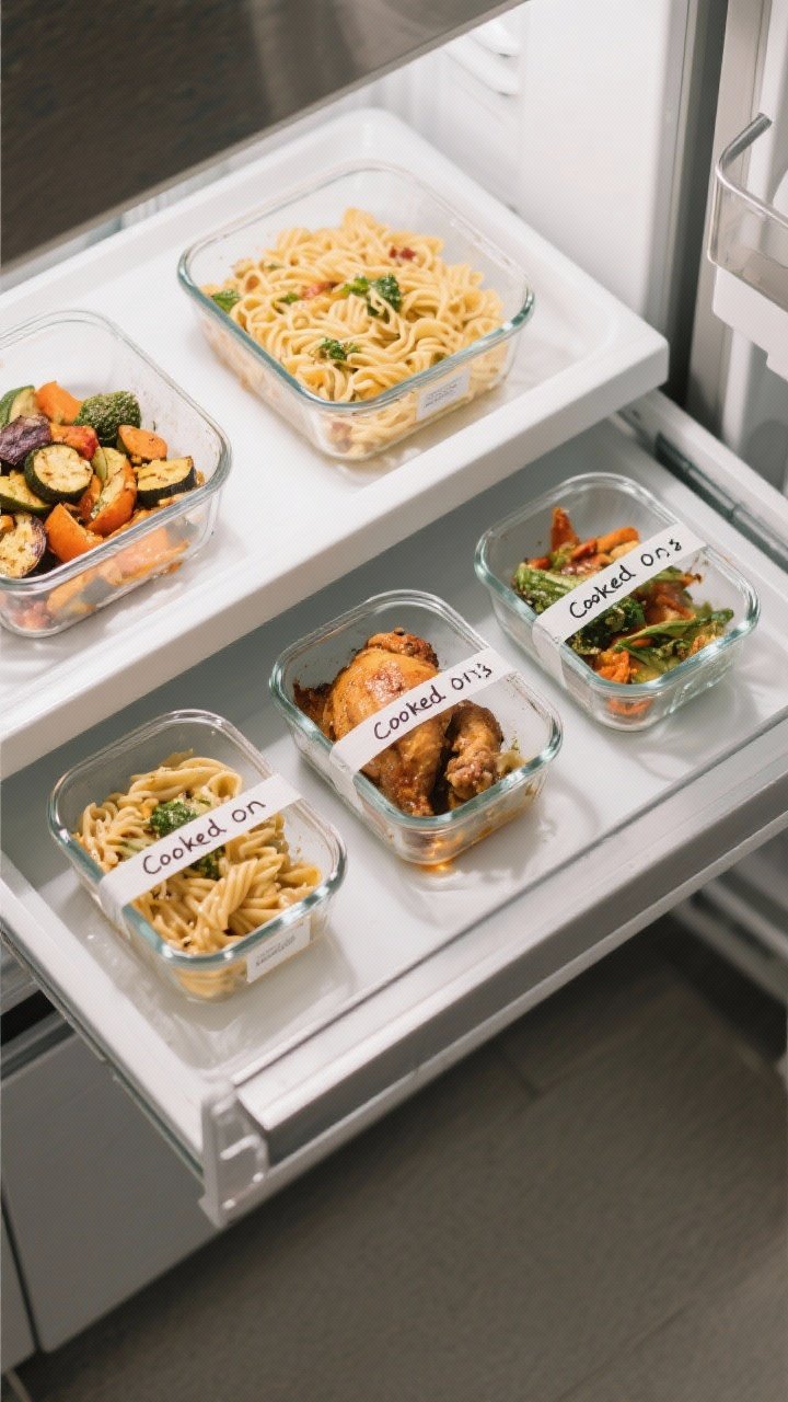 Overhead shot of slide-out fridge trays (2–3 low-profile, food-safe) holding shallow, uniform glass containers with lids; containers labeled with dry-erase tape showing “Cooked On” dates; visible leftovers like roasted vegetables, pasta, and braised chicken arranged neatly; sleek lines with soft shadows for a modern, ready-to-eat vibe.