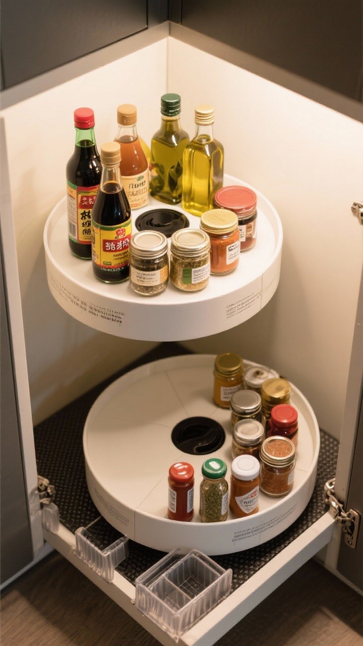 Overhead shot of two Lazy Susan turntables in a corner cabinet: one non-slip base loaded with assorted bottles (soy sauce, vinegar, olive oil) and jars, the other with neatly grouped condiments; cabinet liners underneath, optional clear bins nearby; dynamic circular composition with labels facing outward; soft directional light emphasizing glossy liquids and glass highlights.